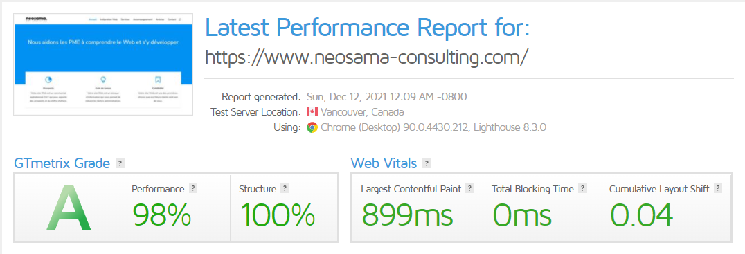 Vitesse de chargement du site Web WordPress Neosama Consulting